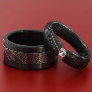 Authentic Damascus Steel Ring Set (Black Zirconium with Damascus Steel Inlay) 💍